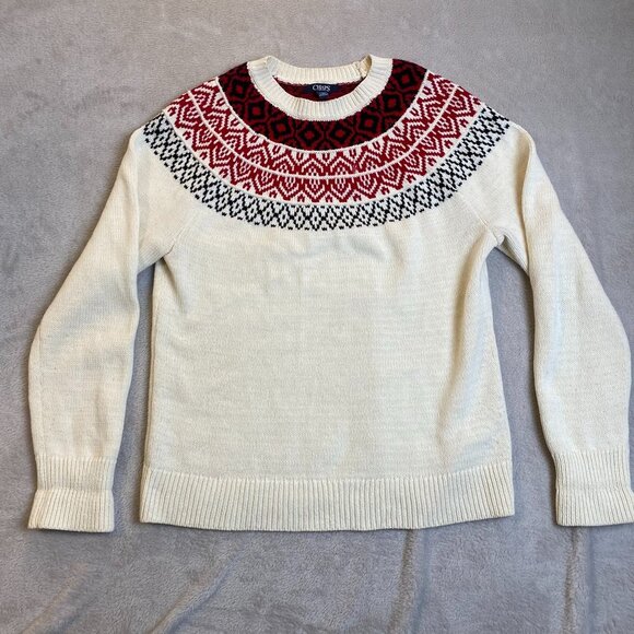 Chaps Womens Sweater L Nordic Fair Isle Ivory Red Black Cotton Blend - Picture 8 of 9